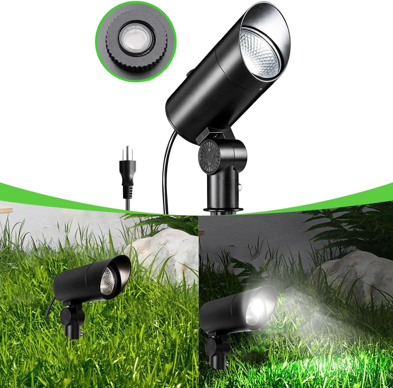 30W Outdoor Spot Lights Dusk to Dawn 120V Outdoor LED Spotlight Plug in with Photocell Sensor 5000K Waterproof Bright Flag Pole Light for Yard Tree Garden Landscape Lighting with Stake 6FT Cord