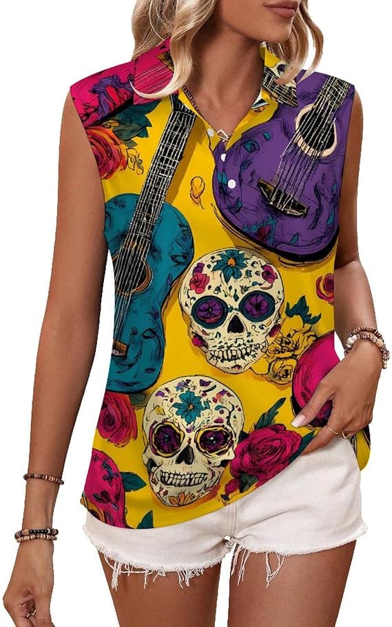 Colorful Guitars Sugar Skull Golf Polo Shirt Tank Tops Running Vest for Women