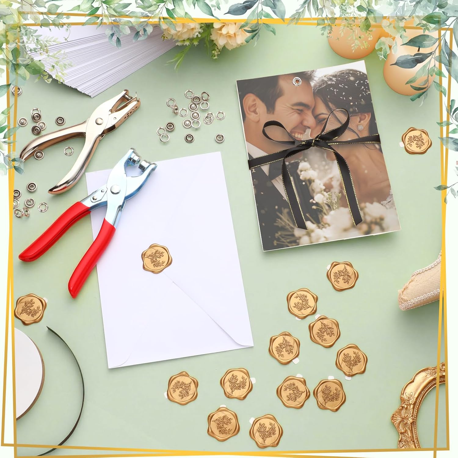 50 Set DIY Wedding Invitations Kit Include 5 x 7'' Vellum Paper Hole Puncher Eyelet Pliers Black Silk Ribbons Self Adhesive Wax Seal Stickers and Envelope Wedding Invitation Accessories Kit for Craft