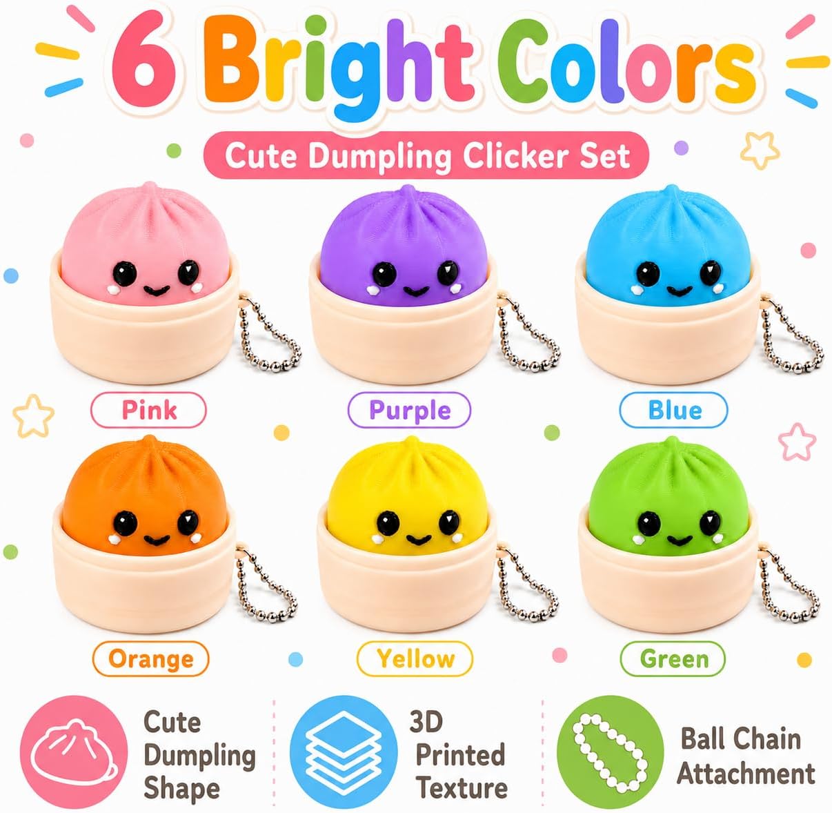 Dumpling Clicker Fidget Toy 6PCS Set, Cute 3D Printed Dumpling Keychain Clickers with Tactile Feedback, Colorful Stress Relief Desk Toys for Adults, Office, Travel and Gifts