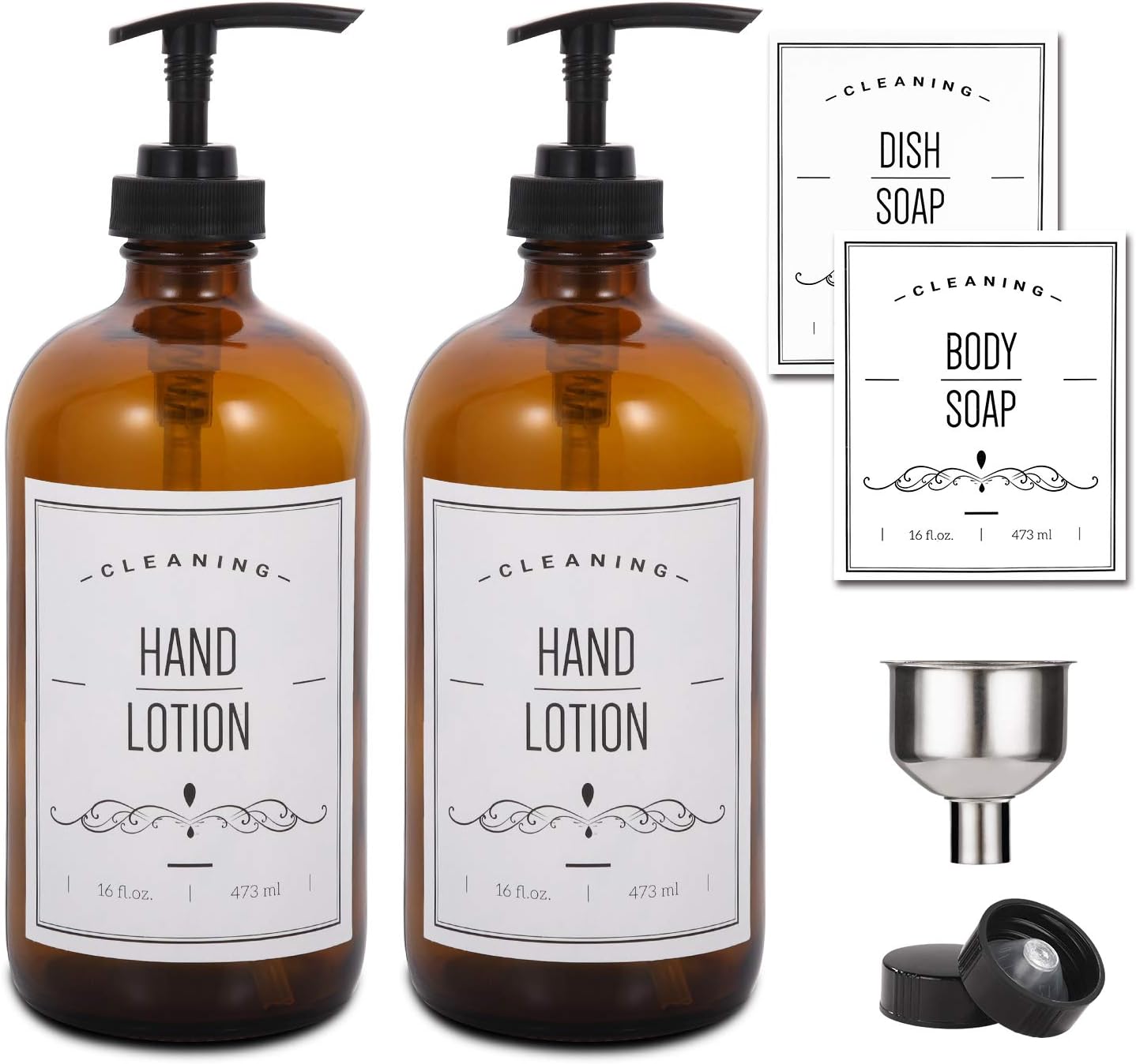 16oz Glass Soap Dispenser With Pump For Kitchen Sink And Bathroom Amber Soap Pump Bottle With Funnel And 4 White Waterproof Labels For Hand Soap Lotion Dish Soap Body Soap Mixing