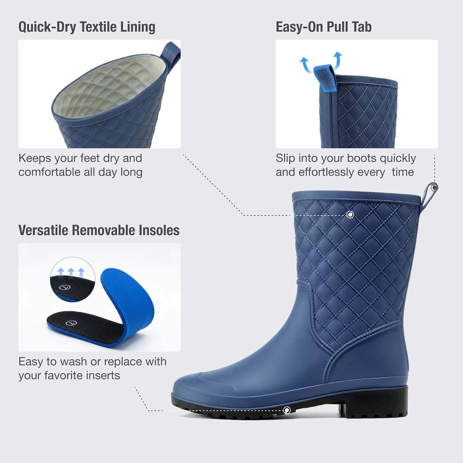 HISEA Rain Boots for Women, Lightweight Fashion Rubber Boots Mid Height Waterproof Garden Shoes Women's Rain Footwear
