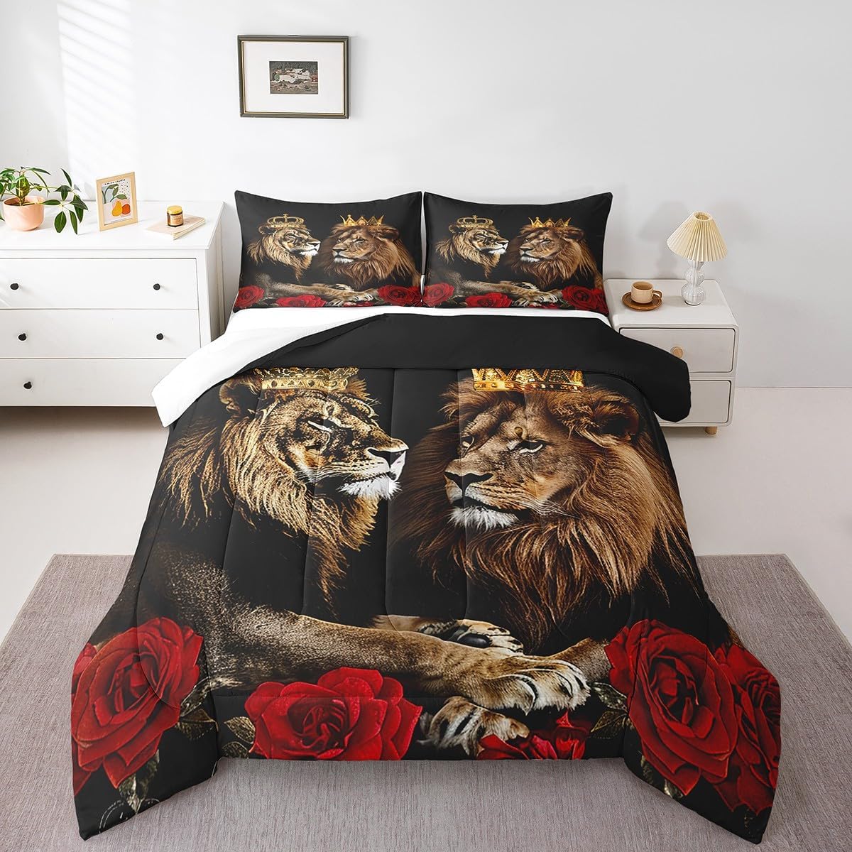 Feelyou Kids Lion Couple Rose Comforter Set King Size, King and Queen Comforter Wild Animal Bedding Set Boys Girls Safari Print Teens Duvet Set Bedroom Decor with 2 Pillow Case