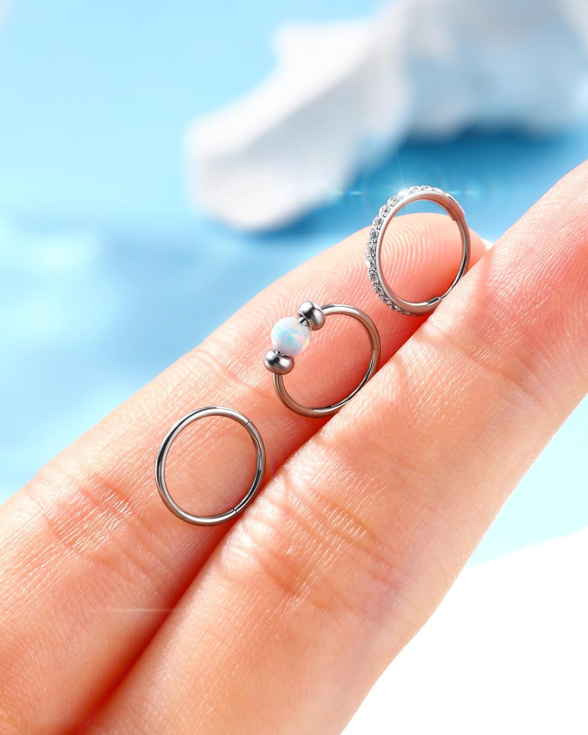 Jewseen 20G 3PCS Nose Rings Hoops 316L Surgical Steel Opal Nose Rings for Women 8mm/10mm Septum Rings Clear CZ Daith Helix Tragus Conch Piercing Jewelry Cartilage Earring - Image 4
