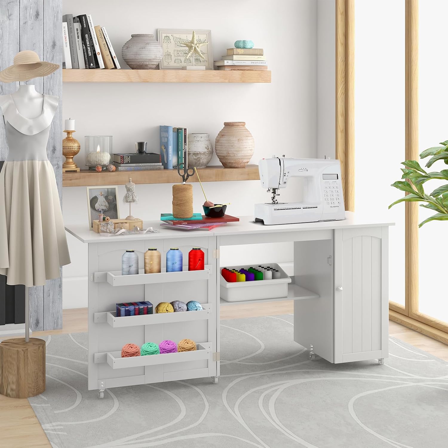 COSTWAY Sewing Machine Table, 62.5" x 20" Foldable Craft Station Table w/Lockable Casters, Storage Shelves, Bins & Single Door Cabinet, Multipurpose Sewing Machine Cabinet for Home, Bedroom (White)
