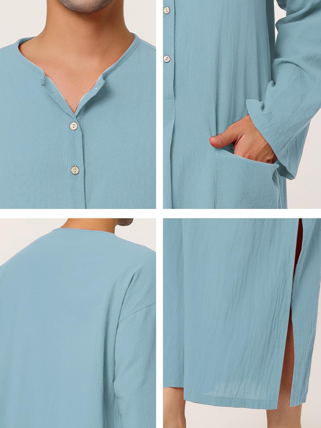 Lars Amadeus Men's Nightshirt Cotton Sleep Shirt Side Split Long Gown with Pockets - Image 5
