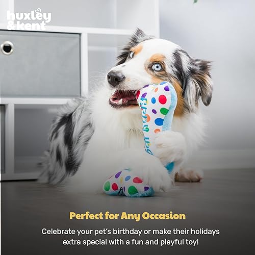 Miniatura 8 de Huxley & Kent H&K Squeaky para perros - It's My Barkday Bone (pequeño) - Juguete divertido de cumpleaños para perros - Juguete de felpa para perros