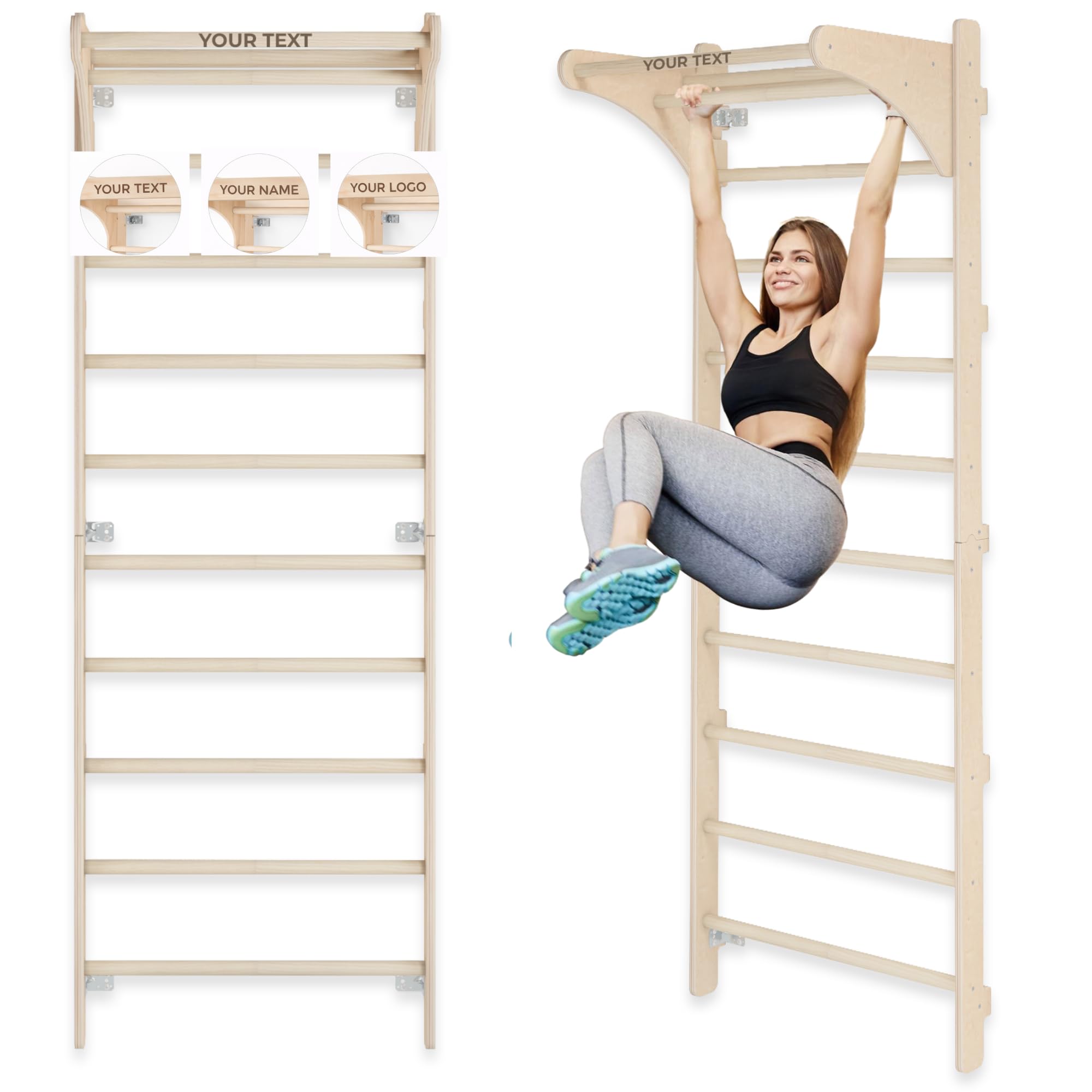 MAMOI Sprossenwand mit Klimmzugstange für Erwachsene (230 cm), Holz-Kletterwand, Multifunktionales Fitnessgerät, Kletterleiter für Erwachsene mit Option zur Personalisierung, 100% ECO, Made in EU