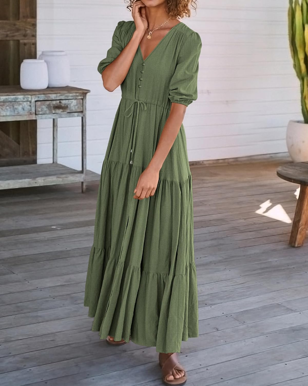 BTFBM Women Summer Dresses Short Sleeves V Neck Button Drawstring Maxi Dresses Solid Color Boho Long Dresses