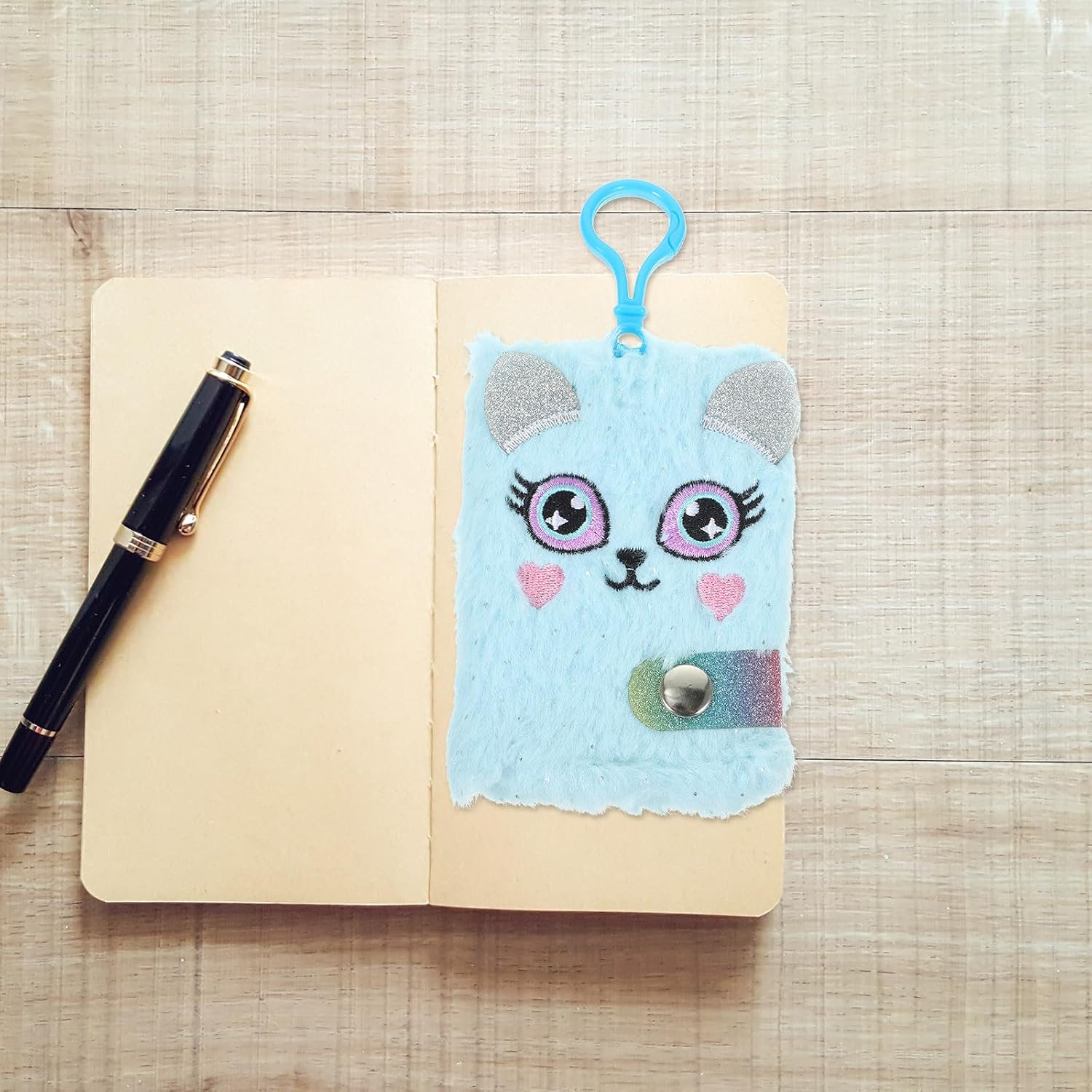 CIYODO Adorable Cartoon Mini Hanging Notebook for Students, Blue Plush Cover School Writing Journal