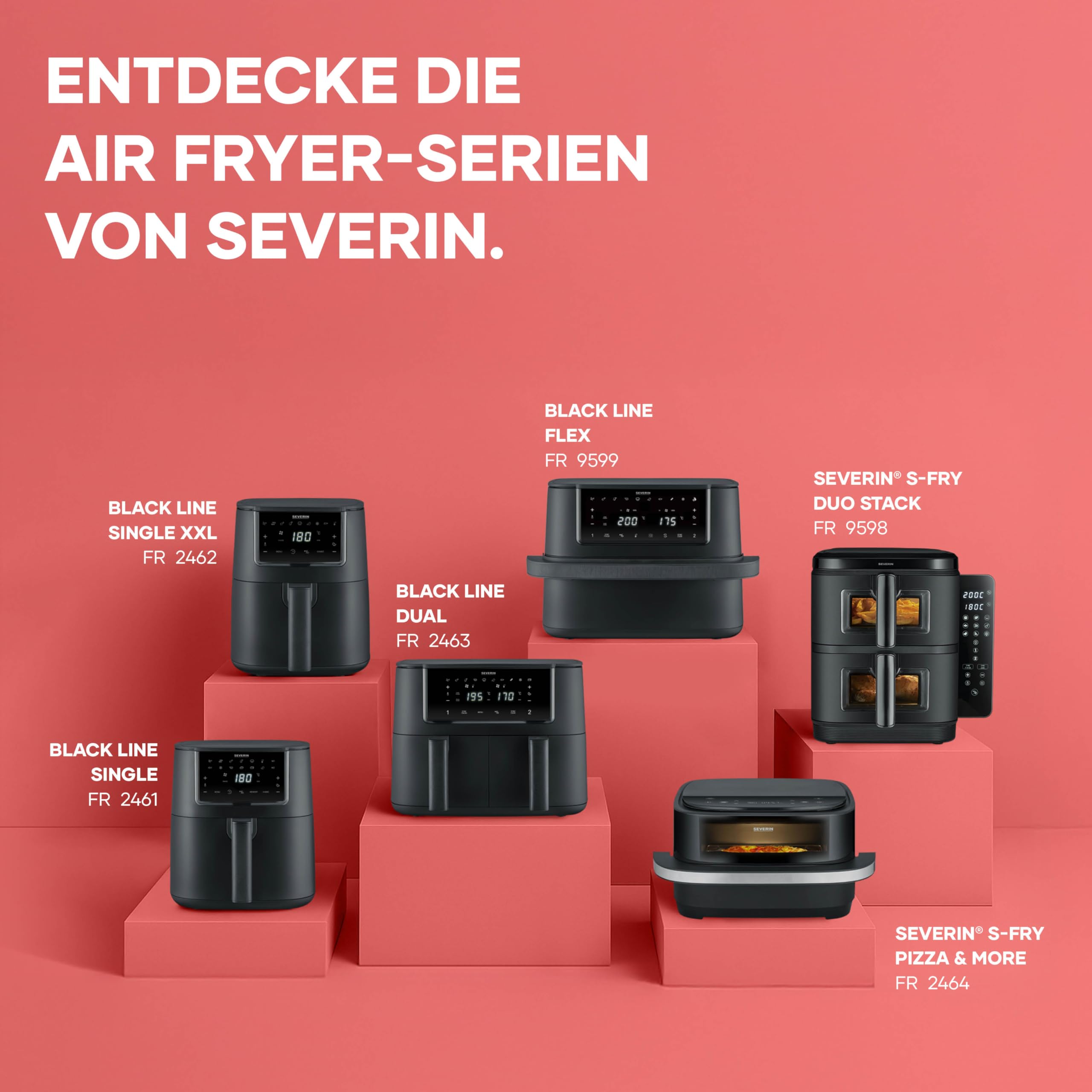 Severin Duo Stack Heißluftfritteuse, 2 x 5,5 L Garraum, 2 Kammern, gesundes Kochen, 9 Automatik-Programme, Fritteuse ohne Fett, platzsparendes Design, doppelstöckig, S-Fry, 2800 W, schwarz, FR 9598