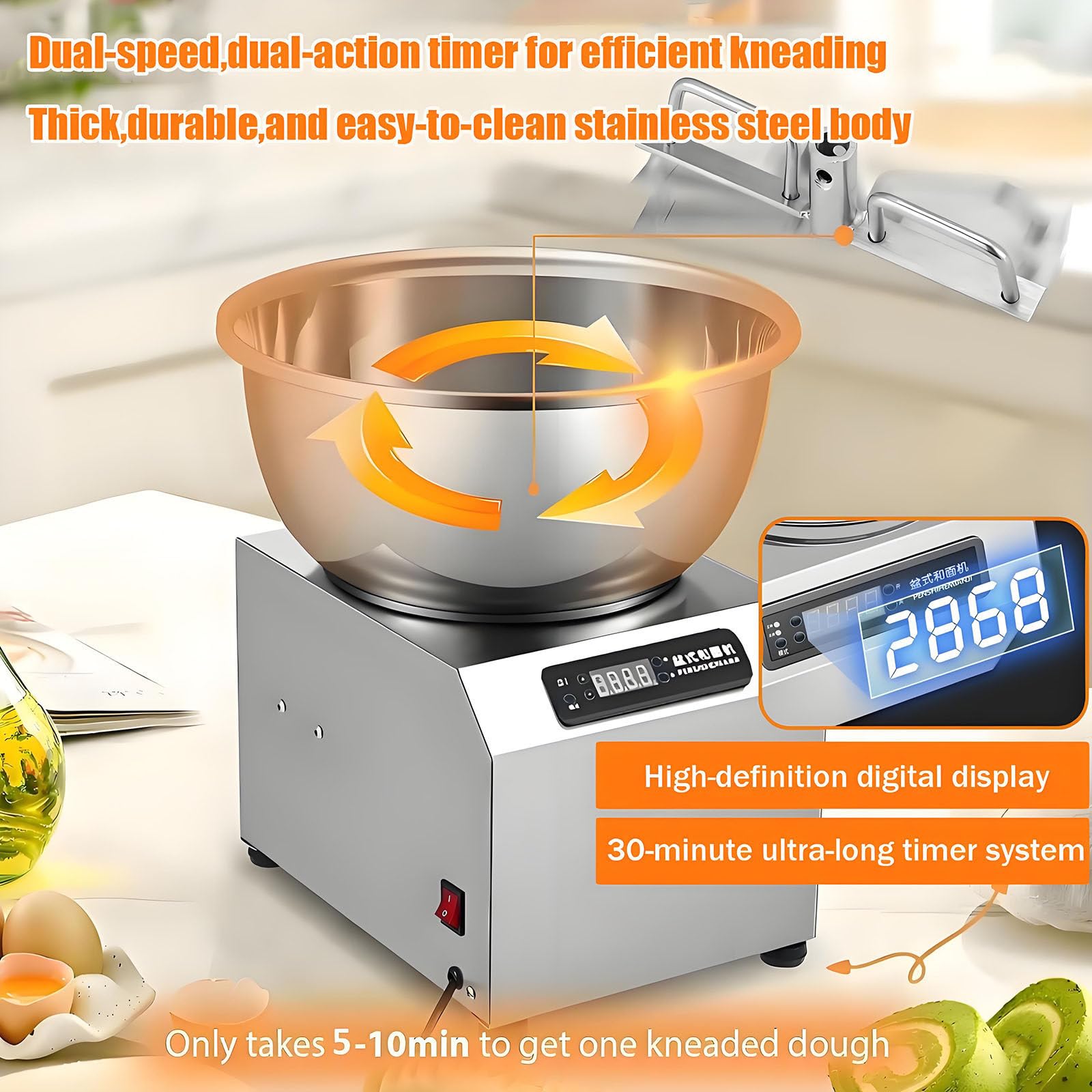 Impastatrice Professionale da 1800 W - Impastatrice a Spirale Professionale con Vasca Rimovibile, Doppia Rotazione E Timer per Panetteria, Pizzeria E Ristorante 5kg