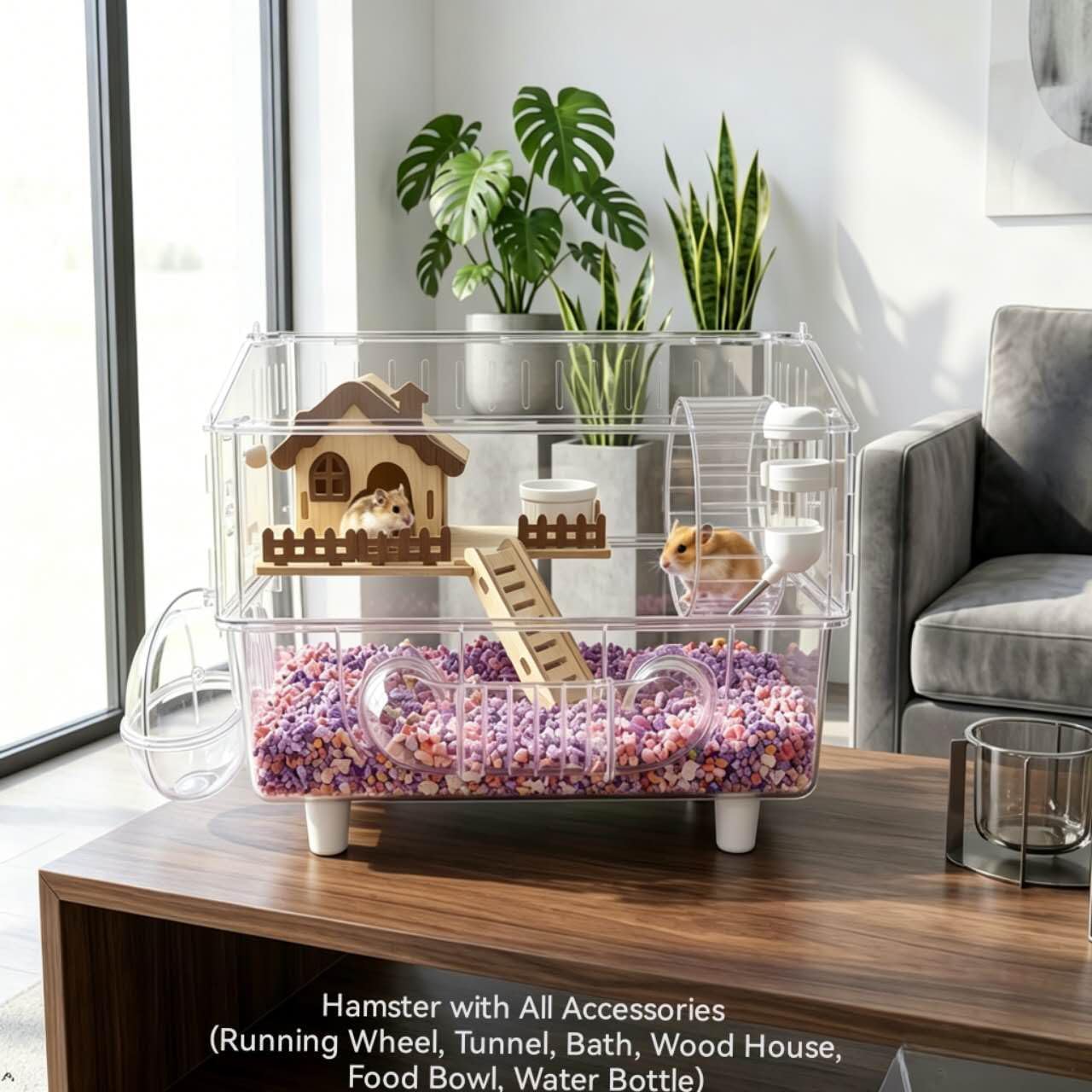 9 in 1 Clear Acrylic Hamster Cage with Tunnel Solid Wood House 9 Accessories, 2-Layer Large Space Pet & Small Animal Habitat for Travel, Bite-Resistant Transparent Enclosure