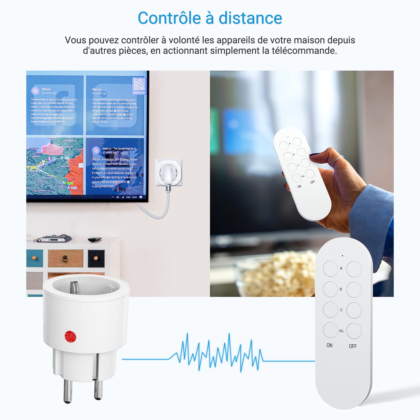 Prese con telecomando, presa da 10 A/2300 W, portata di 40 m, prese radio con telecomando programmabile (2 T+5R)