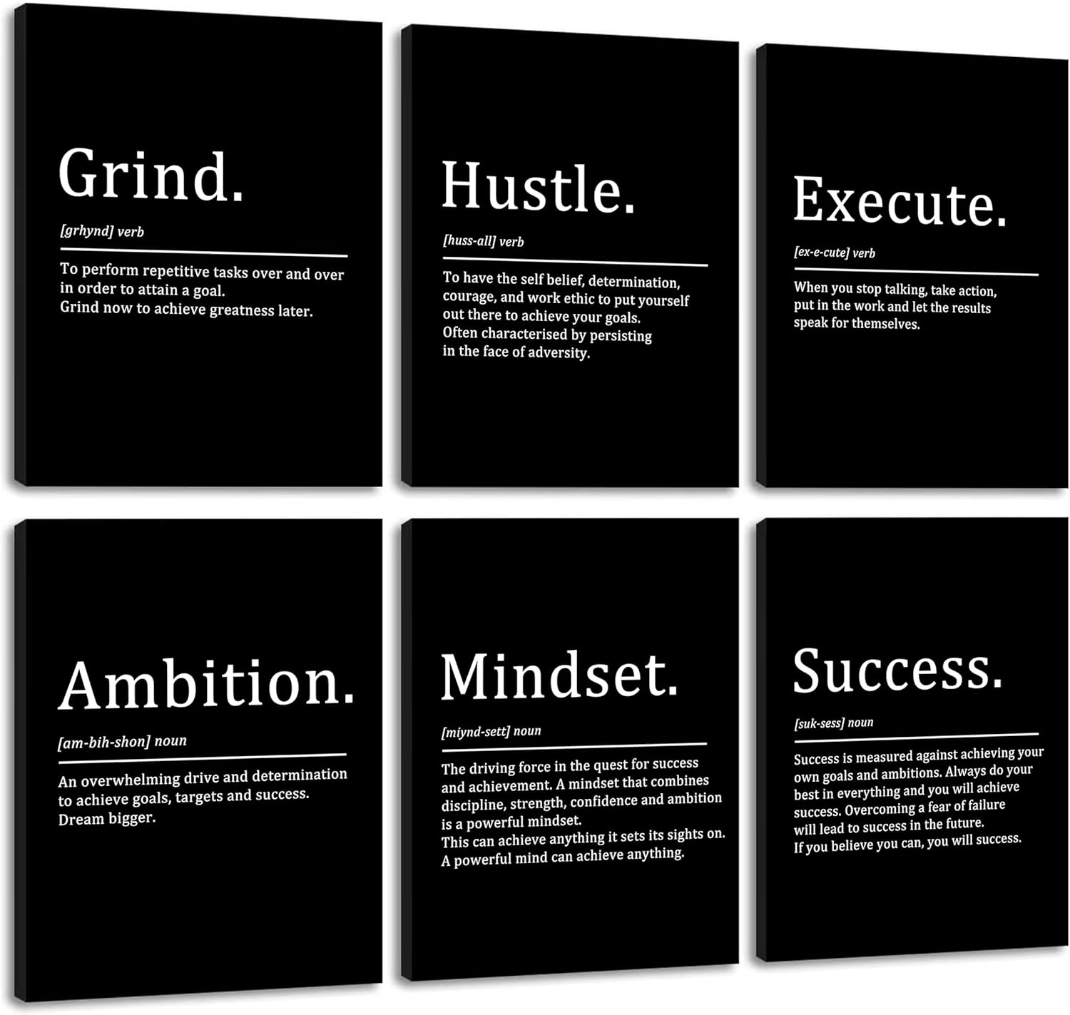 COSCTOR Set of 6 Grind Hustle Execute Ambition Mindset Success Motivational Wall Art Picture Decor Canvas Framed for Office Bedroom Inspirational Home Posters Paintings Ready to Hang(Framed,9x12)