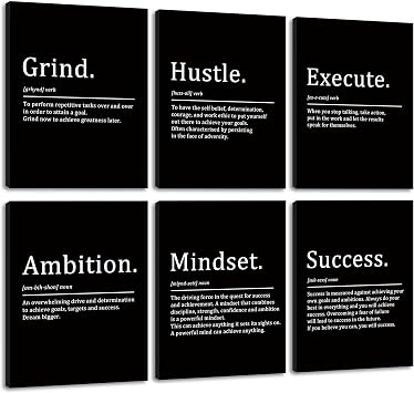 COSCTOR Set of 6 Grind Hustle Execute Ambition Mindset Success Motivational Wall Art Picture Decor Canvas Framed for Office Bedroom Inspirational Home Posters Paintings Ready to HangFramed,12x16
