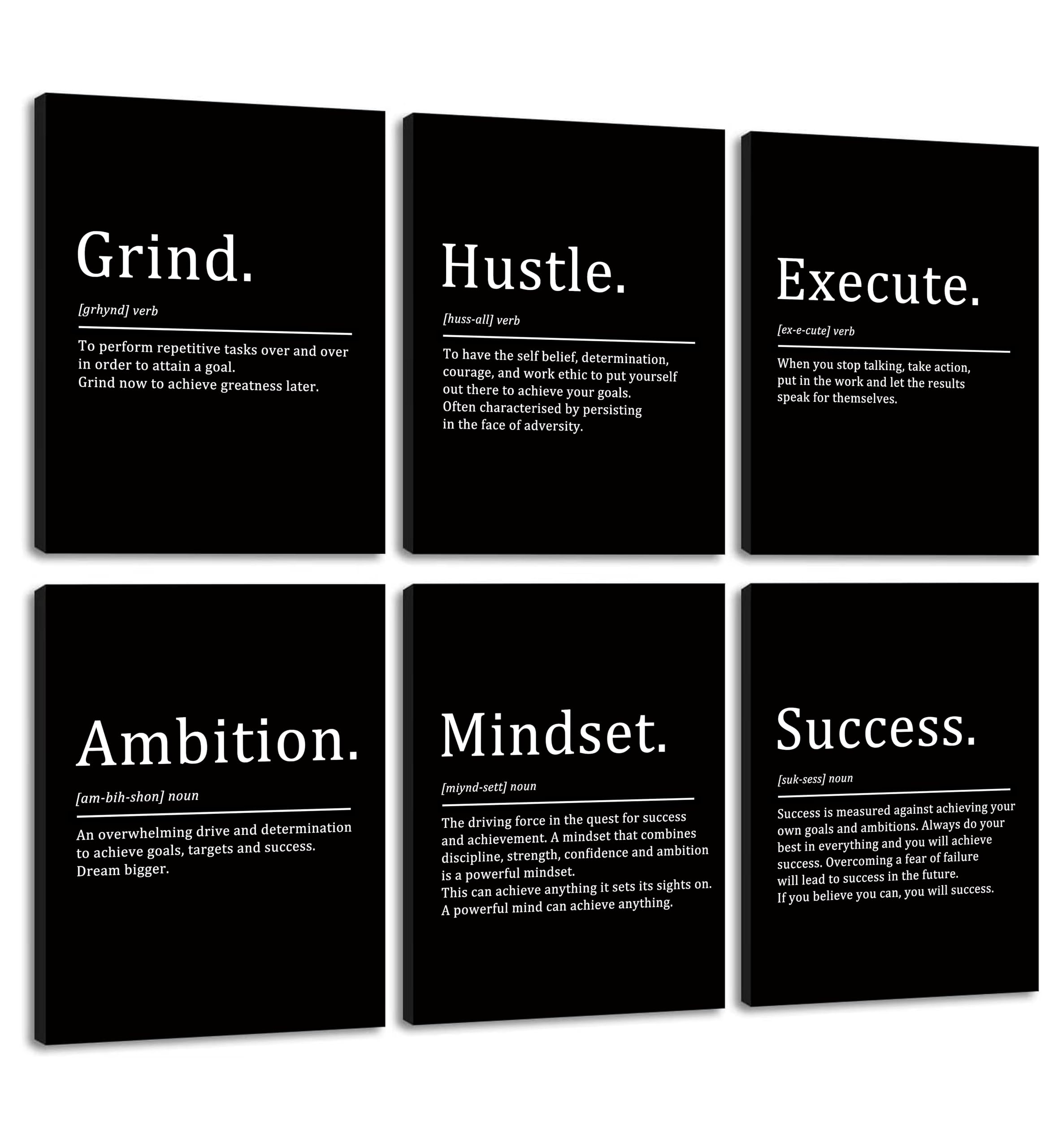 COSCTOR Set of 6 Grind Hustle Execute Ambition Mindset Success Motivational Wall Art Picture Decor Canvas Framed for Office Bedroom Inspirational Home