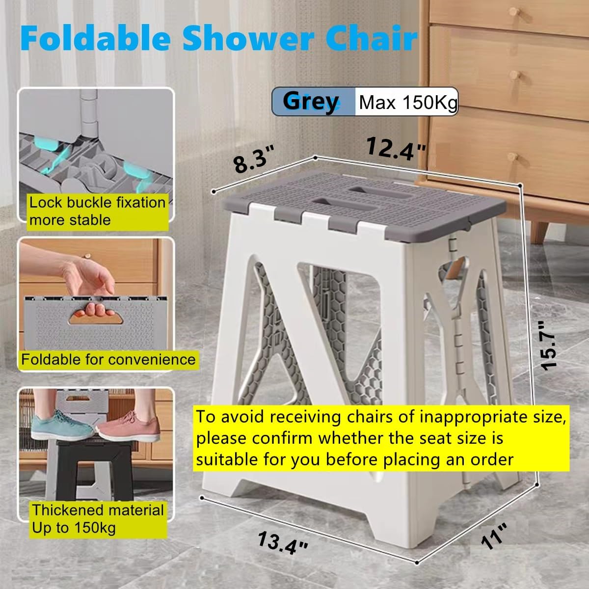 GOYUWEN Foldable Bath Shower Safety Chair Seat Grey, Foldable and Anti-Slip Bench Bathtub Stool for Elderly or Seniors (Foldable ShowerChair 15.7" H Grey, Seat Size 12.4" x 8.3“ Foldable 15.7"H Grey