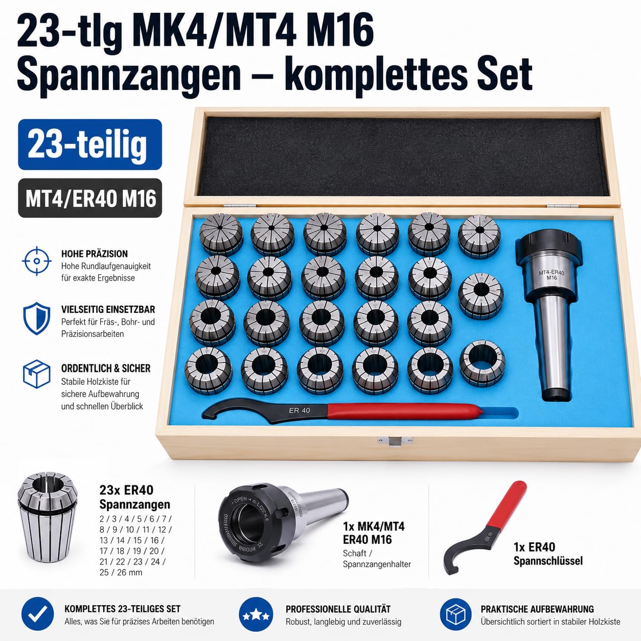Set di 23 pinze ER40 ad alta precisione con MK4/MT4 M16, in acciaio per fresatrice CNC e tornio, con scatola in legno, argento, nero, rosso