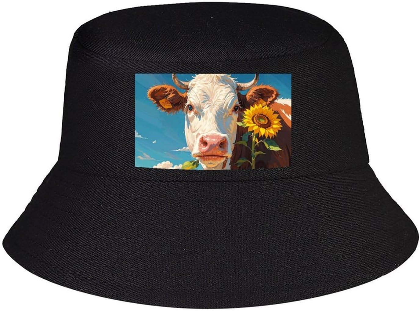 Cow Sunflowers in Blue Bucket Hat for Men Women, Foldable Wide Brim Sun Hats Outdoor Beach Hats Fashion Fishing Hat
