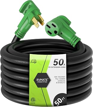 RVMATE 50 Amp 50 Feet RV / EV Extension Cord، Easy Plug in Handle، 14-50P to 14-50R with LED Indicator، ETL Listed، Come w / Storage Bag and Plastic Strap   