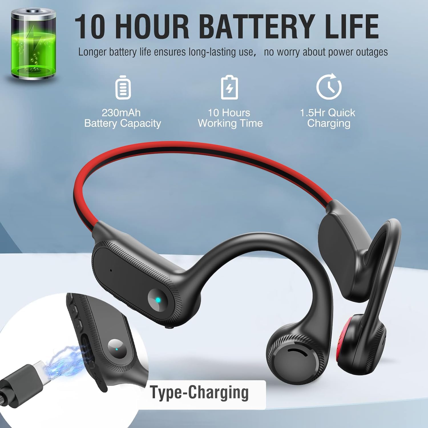 Bone Conduction Headphones,Open Ear Wireless Headphones Bluetooth 5.2 Sport Headset with Mic,10H Playtime Sweatproof Lightweight Earphones for Running, Gym, Cycling, Hiking (Bright red) 3