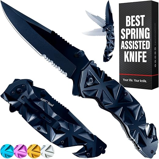 Black Pocket Knife - Serrated Sharp 3,5" Blade Folding Knives - Spring Assisted EDC Tactical Hunting Camping Knofe with Wire Cutter Glass Breaker and Pocket Clip for Men Women - Best Gift Idea HB 207