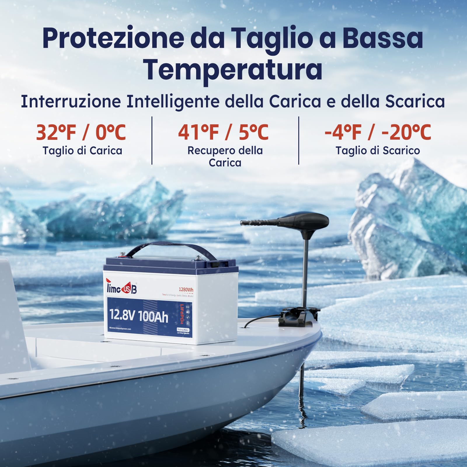Timeusb 12V 100Ah TM Batteria al Litio con Protezione dalle Basse Temperature,1280Wh con 100A BMS,15000 Cicli Profondi,IP65 Batteria LiFePO4 per Motori Trolling,Yacht,Barche,Camper,Energia Domestica