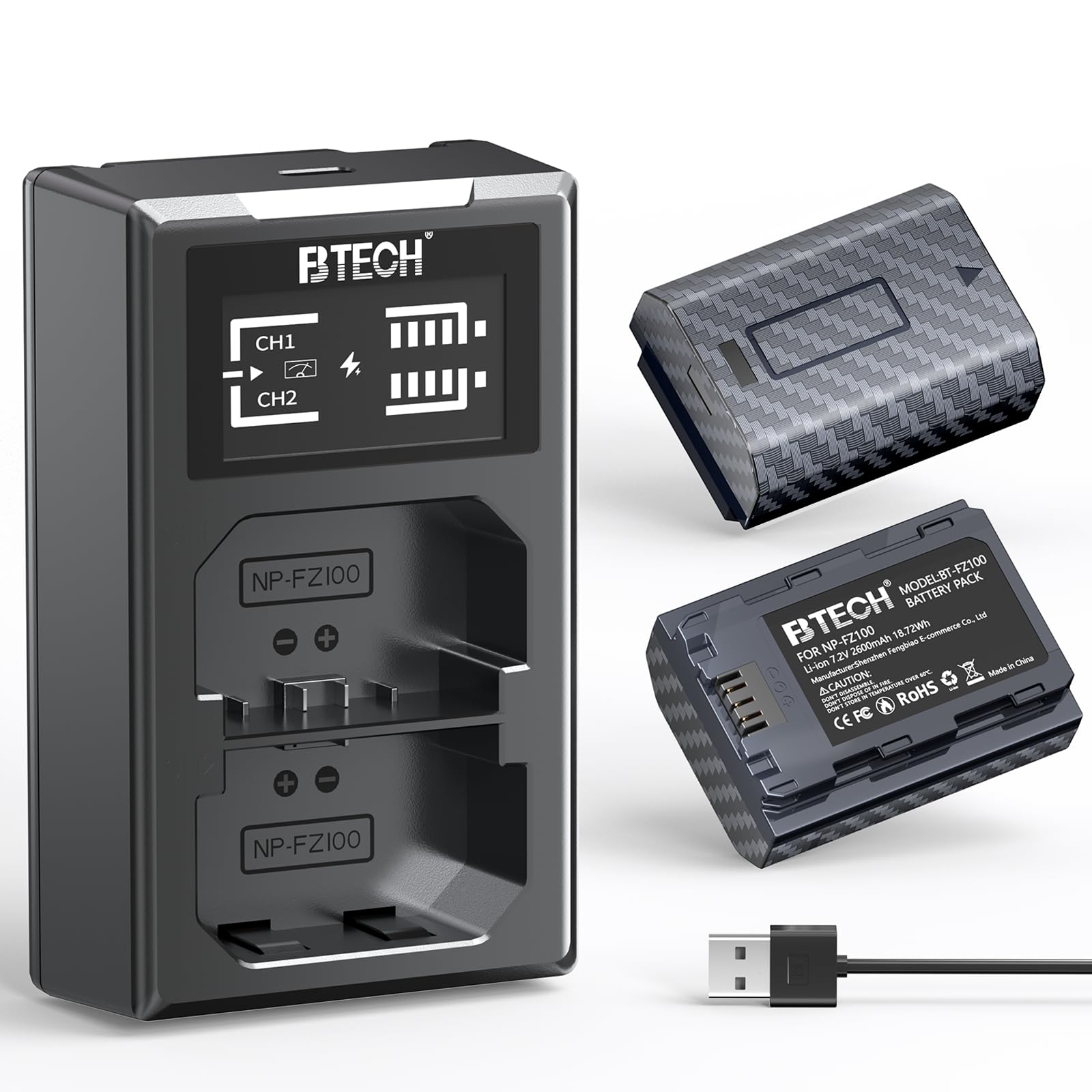 BTECH NP-FZ100 Akku 2600mAh 2er-Pack mit USB-C PD 18W Dual Schnellladegerät, kompatibel mit Sony A7 III, A7 IV, A7R III, A7R IV, A7R V, A7C, A7S III, A9, A6600, A6700, FX3, FX30