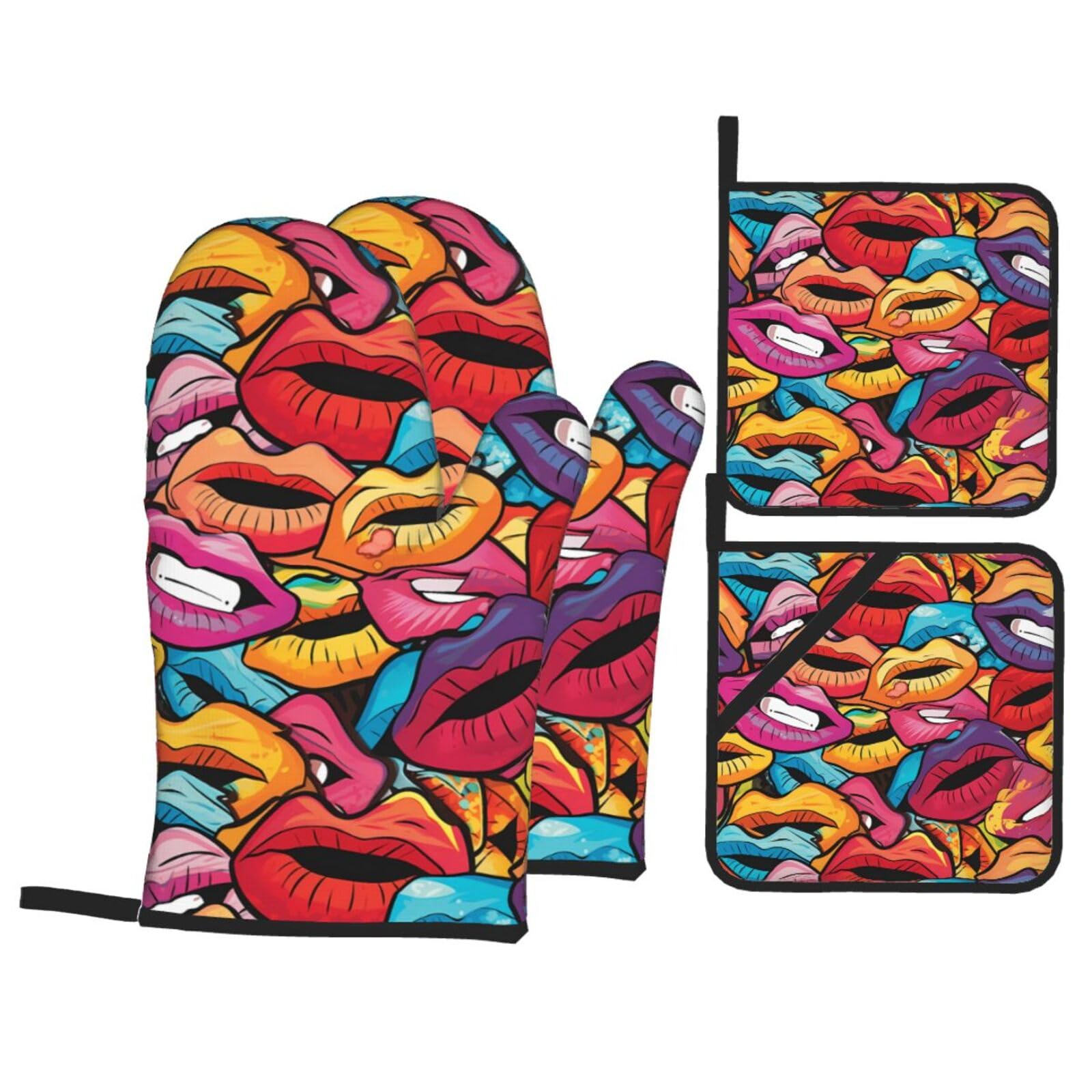 HJFCZH Graffiti Lips Picture Kitchen Baking Set of 4 Thick Insulated Oven Mitt & Pot Holders, Anti-Scalding for Microwave, Oven, Outdoor BBQ