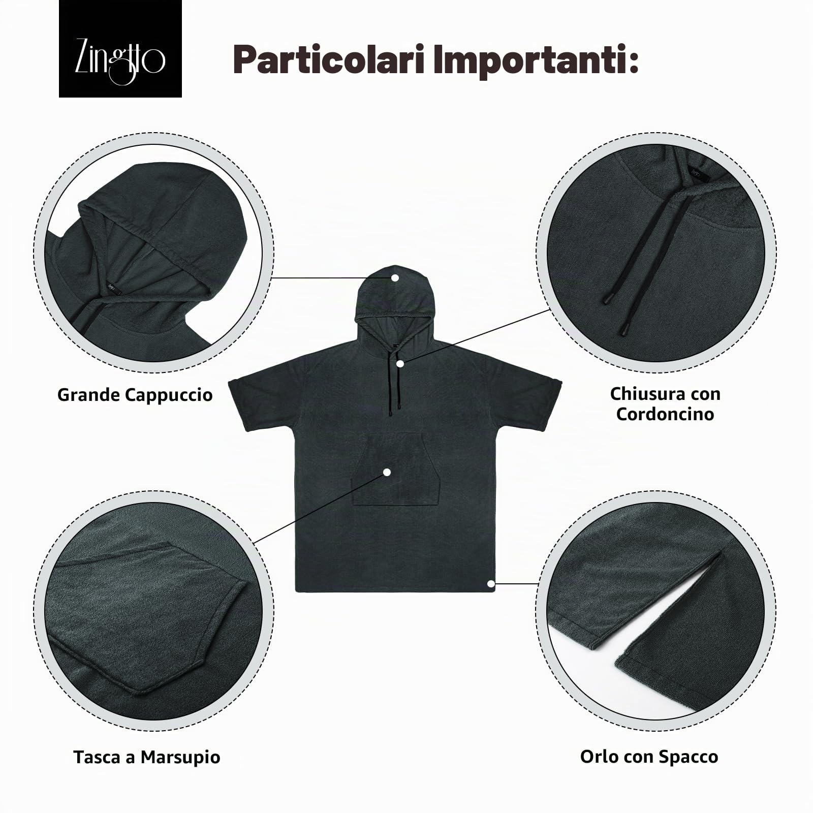 Poncho da surf, accappatoio con maniche a 3/4, extra large, spesso, con cappuccio, per uomo e donna, per spiaggia, nuoto, 109,2 x 89,9 cm, nero