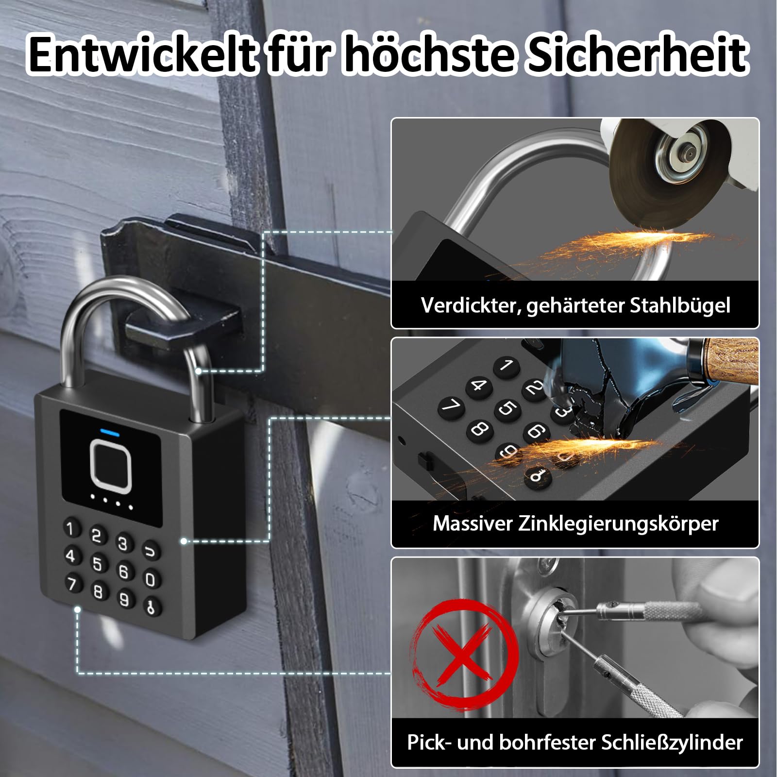 Fingerabdruck Vorhängeschloss Outdoor eLinkSmart Zahlenschloss mit 9-Tasten-Code, Bluetooth App-Steuerung, IP67 Wasserdicht, Schwerlast Bügelschloss mit 2 Schlüsseln für Tor, Gartenhaus, LKW