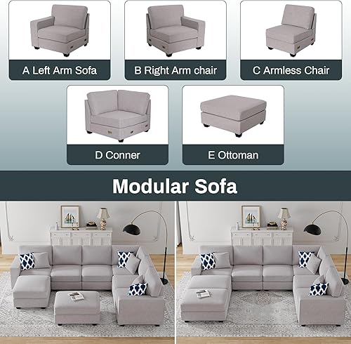 Miniatura 4 de Legend Vansen Sofá modular modular en forma de U con otomana, moderno sofá modular de esquina reversible para sala de estar (gris claro, sofá en