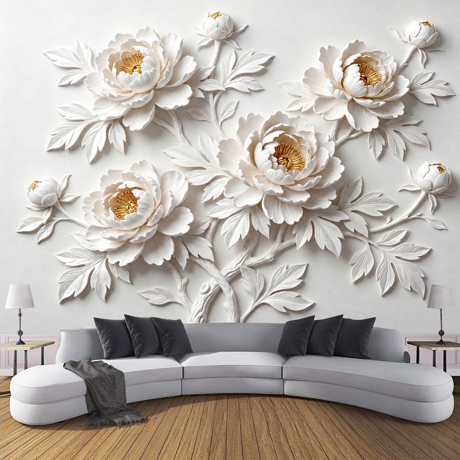 Fototapete Vlies Tapete 3D Effekt Fototapeten 3D-Relief Einer Einfarbigen Pfingstrose Vliestapete Luxuspflanzen Tapeten Weiß Gold Moderne Wandtapete, Wohnzimmer, Tv Hintergrund Deko, 300X210Cm (B×H)