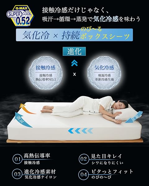 Maru Living ボックスシーツ 冷感【気化冷感×3D伸びる】シーツ 夏用 【高伝導率Qmax0.52】ベッドシーツ 夏 接触冷感シーツ クイーン のびのびボックスシーツ れいかん ベッドカバー 敷ふとん兼用 全周ゴム マットレスカバー 冷感 クールシーツ ひんやり 吸水速乾 抗菌防臭 洗える 暑さ対策 柔らかい肌触り(クイーンサイズ・アイスベージュ) - 2