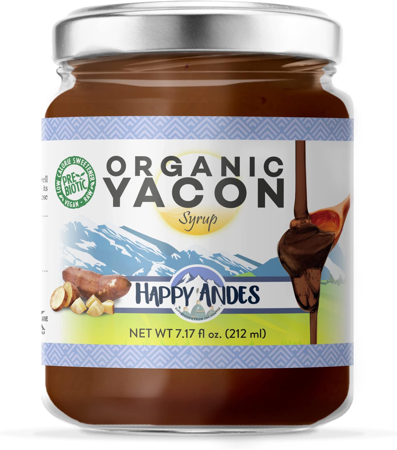 Happy Andes Organic Yacon Syrup oz. 100 Vegan Raw LowCalorie Peruvian Sweetener Sugar Substitute for Blood Glucose Control Healthy GlutenFree NonGMO Natural Prebiotic Superfood., honey, 7.17 Fl Oz