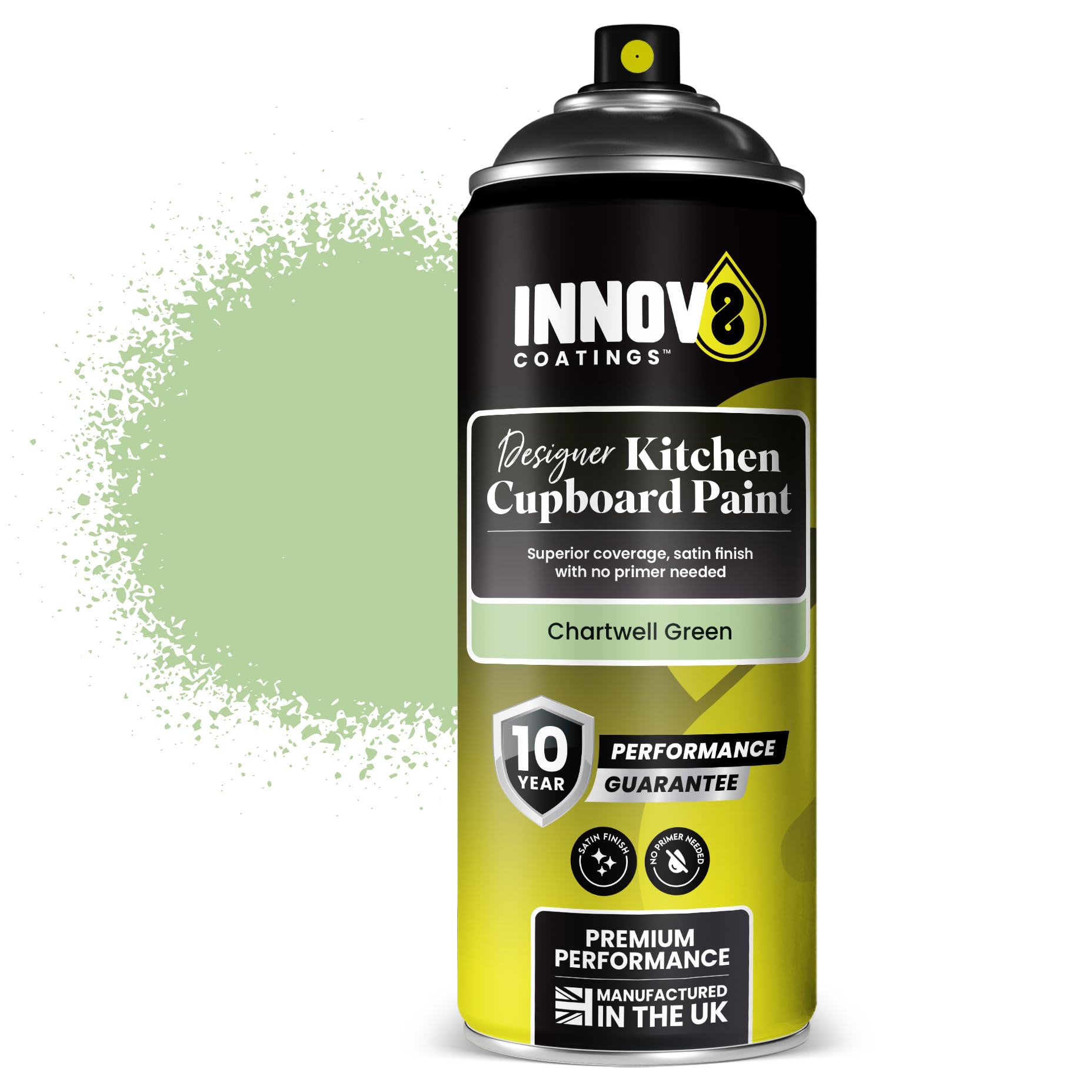 INNOV8 COATINGS DESIGNER KITCHEN CUPBOARD SPRAY PAINT - DIY - NO PRIMER OR TOP COAT - SATIN Finish โ 1 x 400 ml - Fast Dry - CABINET, FURNITURE, WOOD, MDF, PLASTIC & METAL - Chartwell GREEN