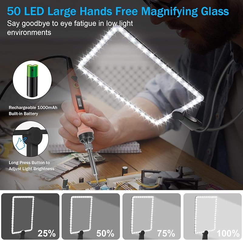 Ntrjtrss 5x Nagyító Lámpa 50 LED-del - Újratölthető, Kéz Nélküli Olvasó Nagyító Időseknek - 26x19 cm Rugalmas Nyakú Nagyítólencse Olvasáshoz