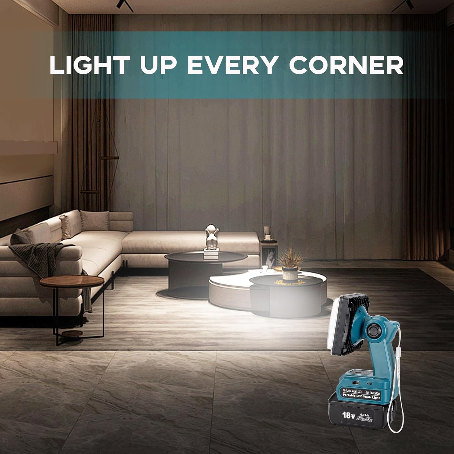 1500LM LED Work Light for Makita 14.4V 18V LXT Battery, 25W Portable Flood Light with USB & Type-C Ports, 90° Rotate Head Cordless LED Light for Emergency, Workshop, Indoor and Outdoor Use (Tool Only)