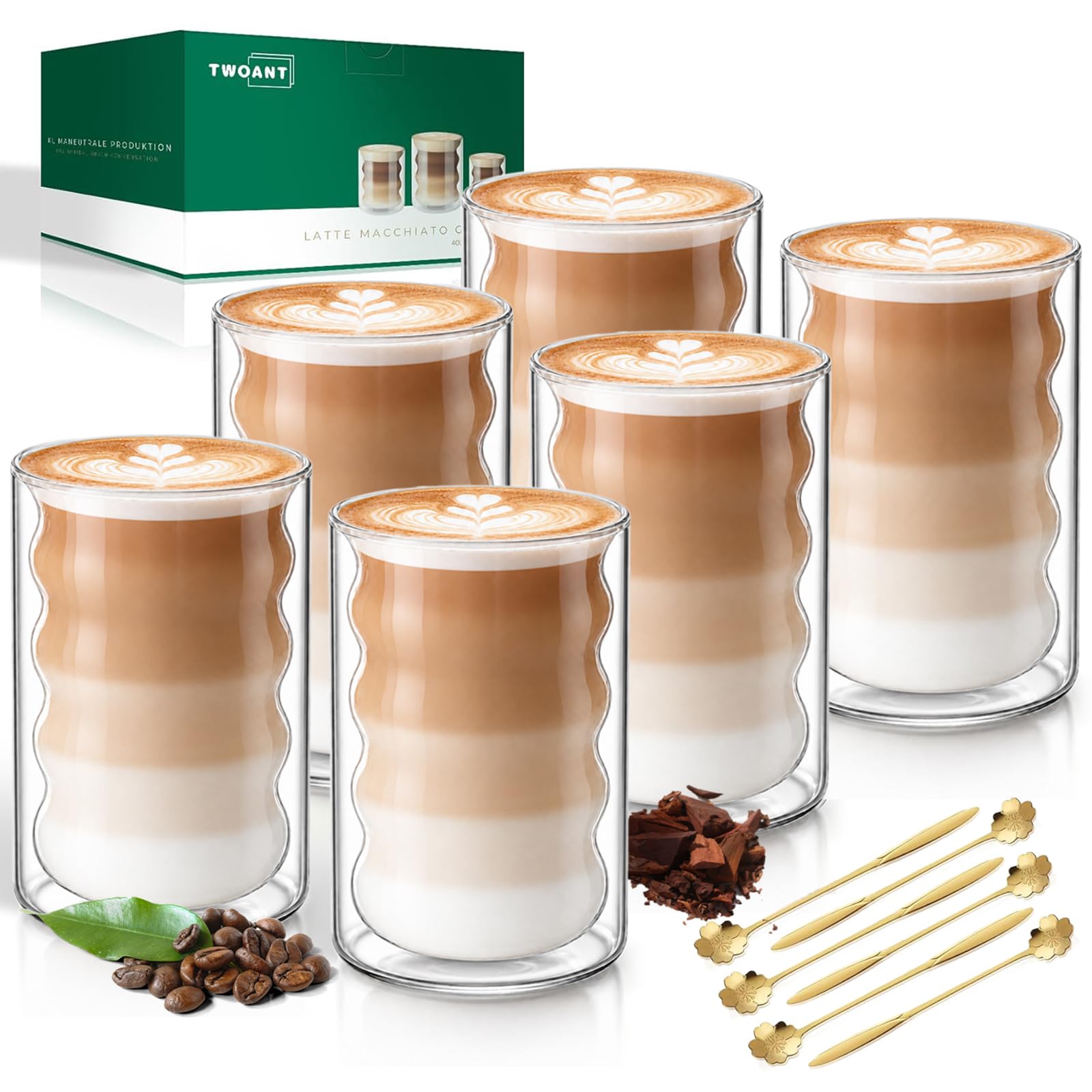 twoant Tazas de Café de Cristal, 6 x 400ml Vasos de Doble Pared Transparente, Tazas de Vidrio Borosilicato con 6 Cucharillas, Taza de Cristal para Cafe Leche Té Latte Macchiato Espresso