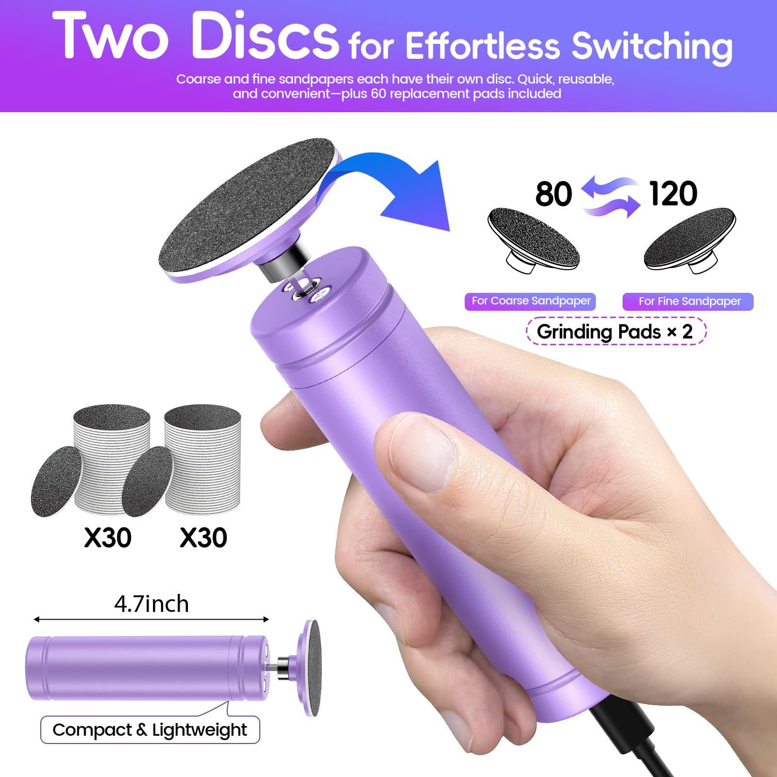 StepLively Removedor eléctrico de callos de pies, removedor de callos de 4.7 pulgadas para pies con 60 discos de papel de lija, limpiador de pies, herramientas profesionales de pedicura de control de