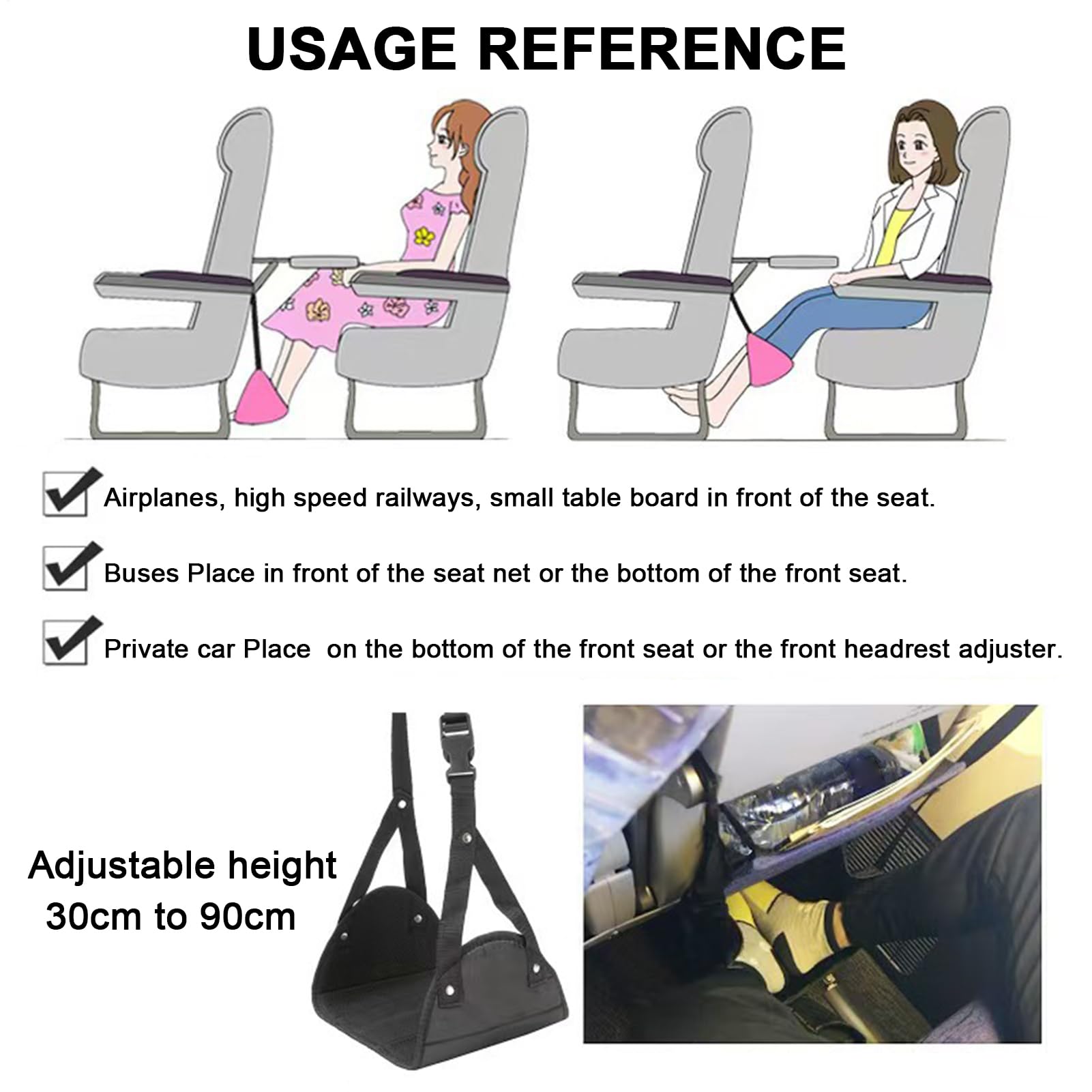 Airplane Foot Hammock, Adjustable Height Travel Foot Sling, Portable Feet Rest Hanger Soft Pad Support, Ideal for Long Flights, Car Travel, Train Commute, High-Speed Rail Comfort, 49x43.5cm Black
