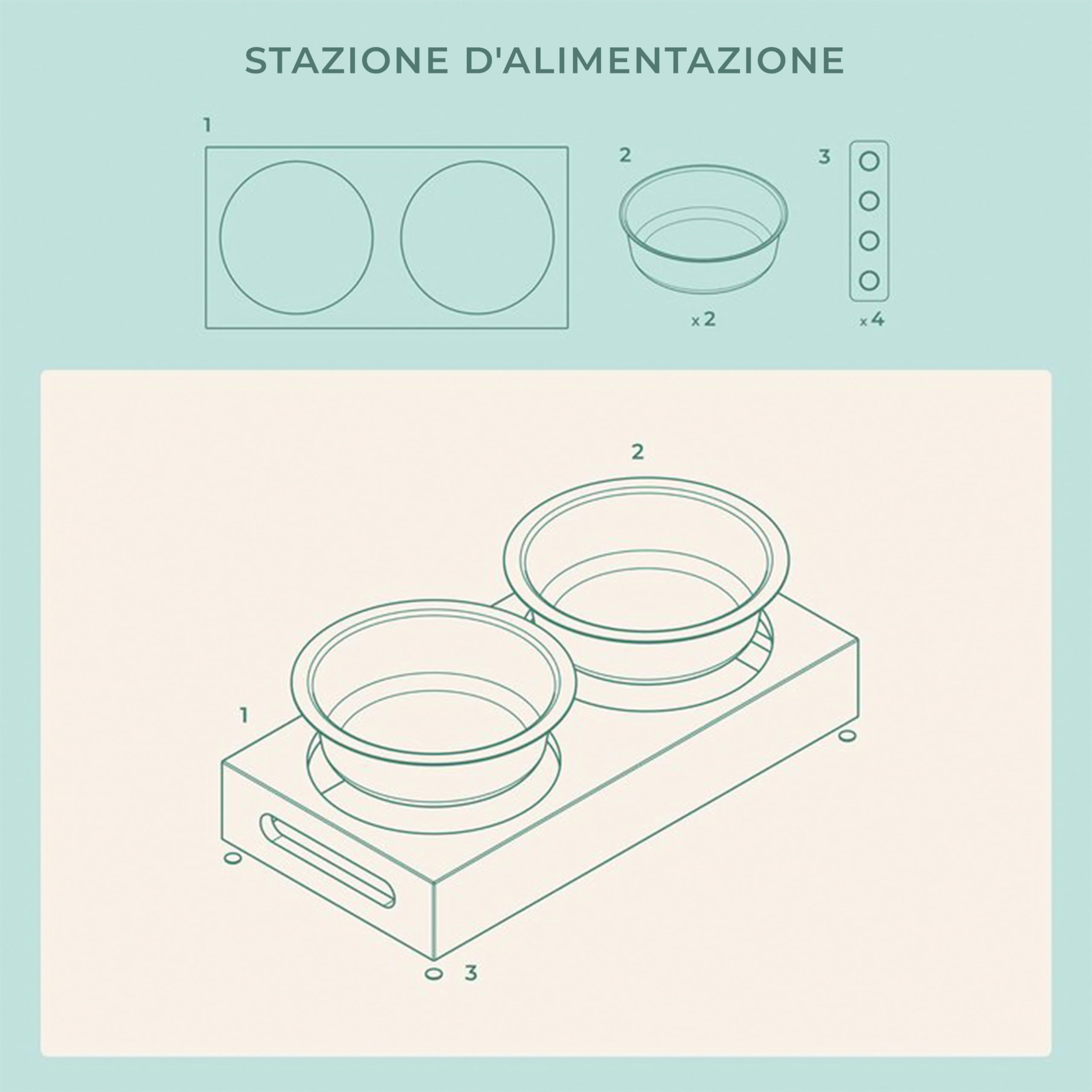 LAUBLUST Stazione di alimentazione con nome personalizzato per cani - Naturale | 49x26x7cm, rialzata - Ciotola per cibo e acqua per gatti | 2 ciotole in acciaio inox x 1,4L | Ciotola per gatti incisa