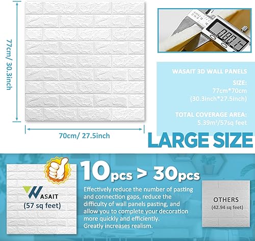 Miniatura 3 de WASAIT Paneles de pared 3D para decoración de pared interior ladrillo blanco 1020 unidades 569 pies cuadrados panel de pared texturizado de espuma