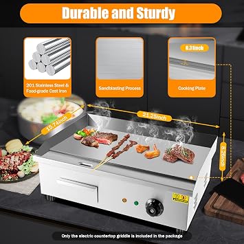 3000W 22 Commercial Electric Griddle, Commercial Flat Top Grill, Electric Countertop Griddle, Adjustable Temperature Control for Restaurant, Hotel Kitchen