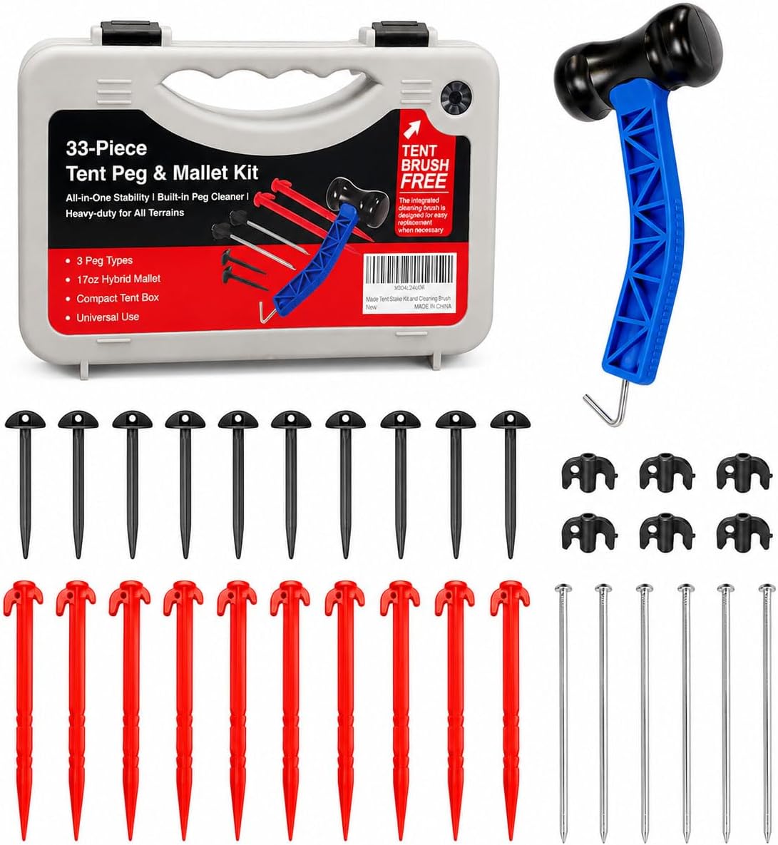 HolaKit 33-Piece Tent Stakes Kit with Rubber Mallet and Carry Case | Mixed stake styles, a 17 oz rubber mallet, and a carry case cover setup and removal across common campsite surfaces
