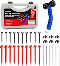 HolaKit 33-Piece Tent Stakes Kit with Rubber Mallet and Carry Case | Mixed stake styles, a 17 oz rubber mallet, and a carry case cover setup and removal across common campsite surfaces