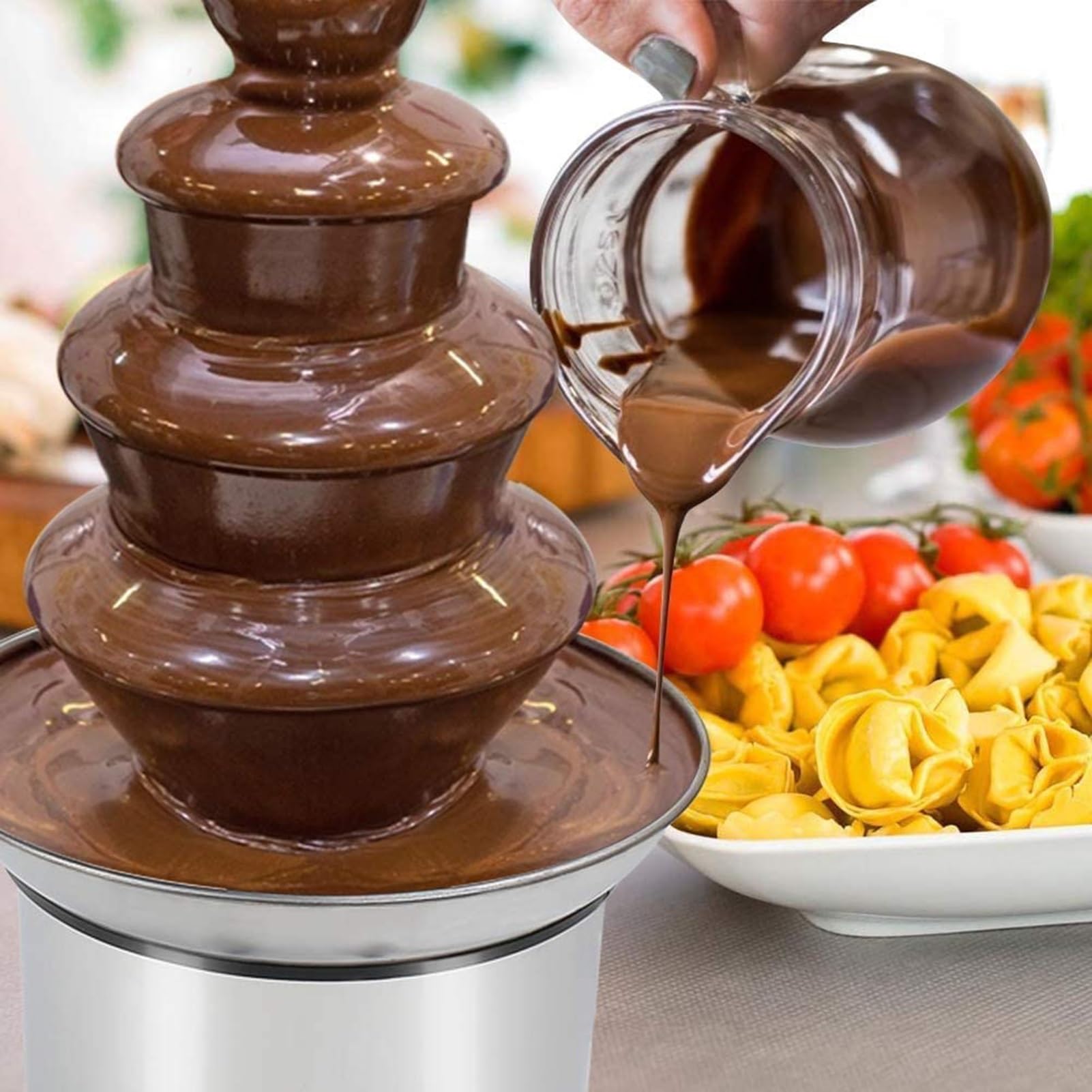 Fontana di Cioccolata Calda fonduta Commerciale in Acciaio Inox Lusso Festa Matrimonio Ristorante Hotel Perfetto per Bambini Formaggio Salsa Barbecue 4 Livelli