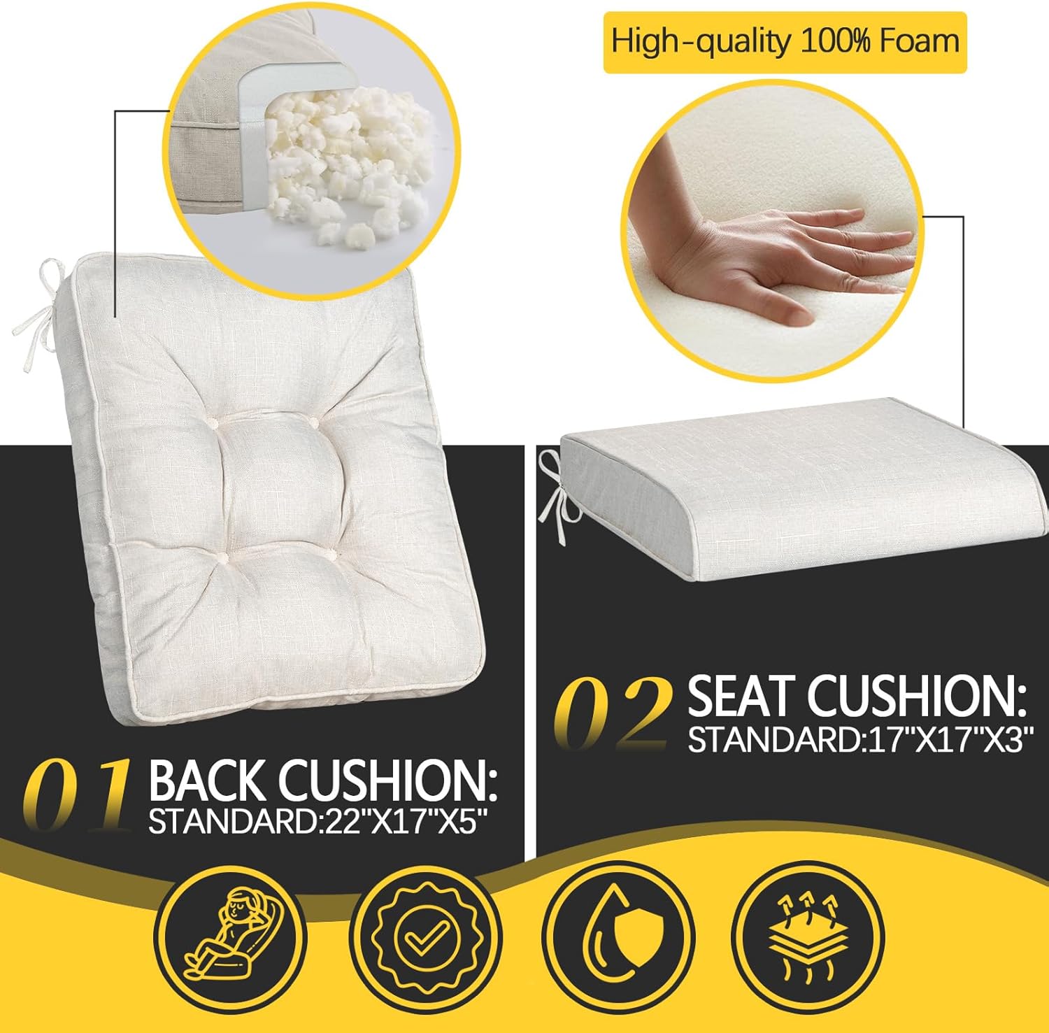 idee-home Rocking Chair Cushion Set, Outdoor Rocker Cushions Indoor, Thick Foam Seat Pads Water Resistant Durable Patio Furniture Chair Cushion with Ties Beige