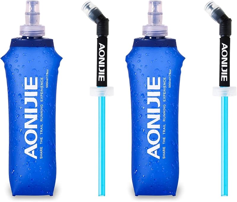 TPU Soft Folding Water Bottles Collapsible Flask for Hydration Pack for Running Hiking Cycling Climbing Pack of 2 (500ml with Straw -Pack of 2)